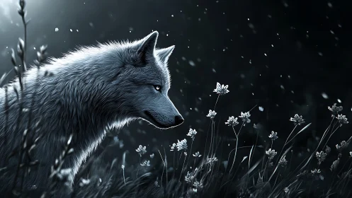 Lone silver wolf under moonlit meadow blossoms at night.