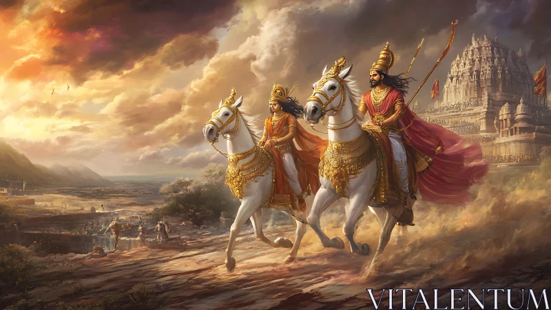 Sunlit warrior procession racing past a temple of legends.