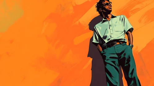 Stylized man in sunglasses against vivid orange abstract wall