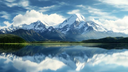 Snowcapped mountain range reflects cleanly in still lake