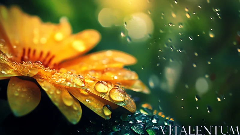 Golden Petals with Dew Drops in Soft Focus Ambient Light.
