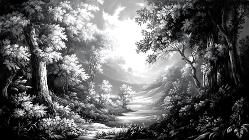 Monochrome forest valley frames luminous distant horizon.