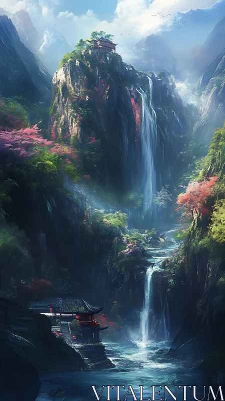 Mountain temples overlook cascading waterfalls in misty dawn.
