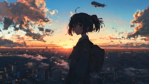 Backlit urban skyline with silhouetted student at sunset.