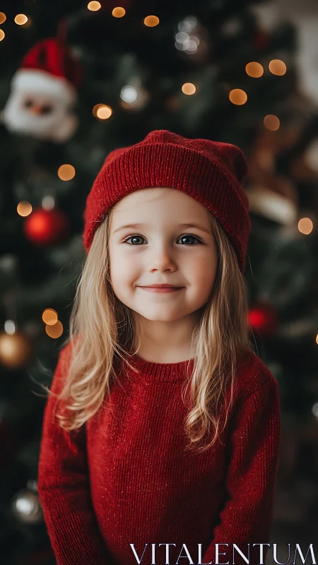 Smiling child in red knitwear before defocused Christmas tree