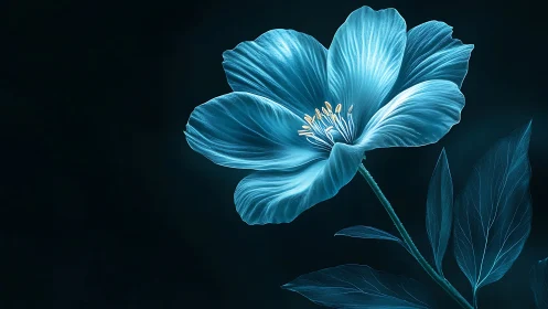 Luminous blue flower blooms against deep dark background.