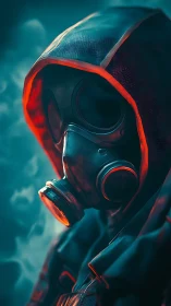 Hooded survivor in a glowing gas mask studies the hazy air