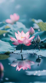 Lotus lantern of dawn floating in glassy teal silence.
