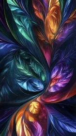 Fractal leaf structures spiral across multicolored abstract field