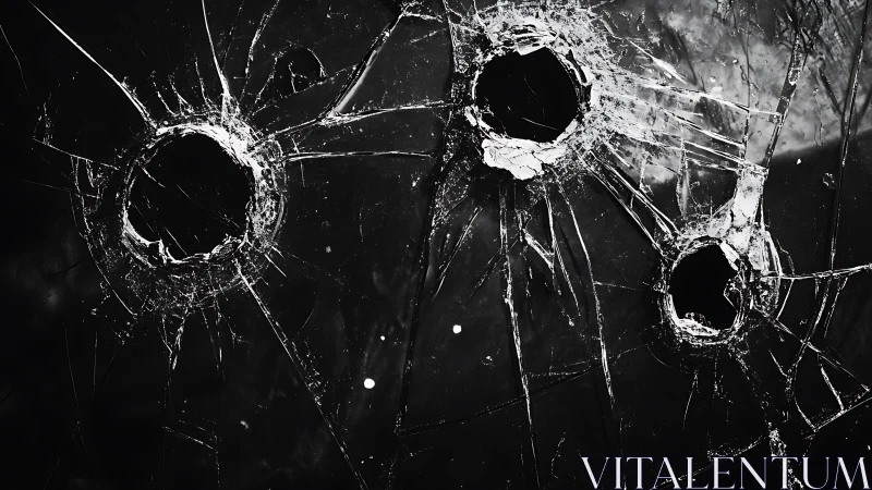 Monochrome bullet-shattered glass with radial fracture geometry.