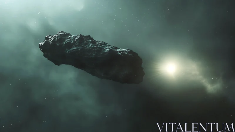 3D-rendered interstellar asteroid with cinematic rim lighting.