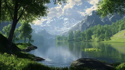 Emerald lakeshore dreaming beneath whispering ice-tipped peaks.