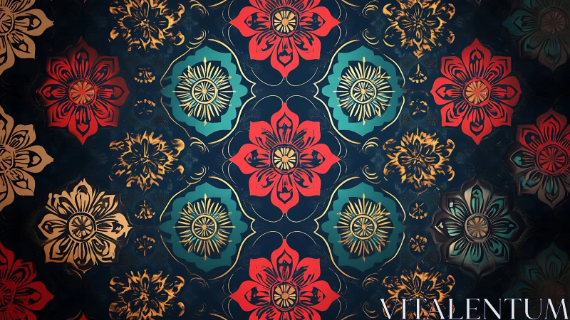 Ornate radial floral tessellation in teal, crimson and gold