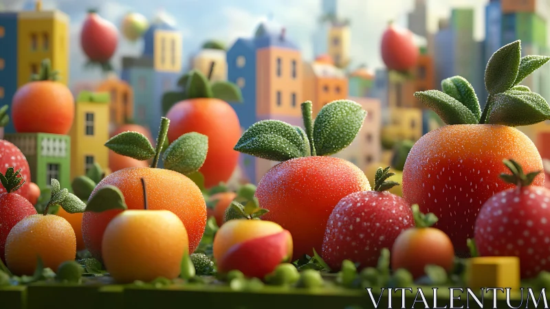 Playful dew-kissed fruit city sparkling in soft sunlight.