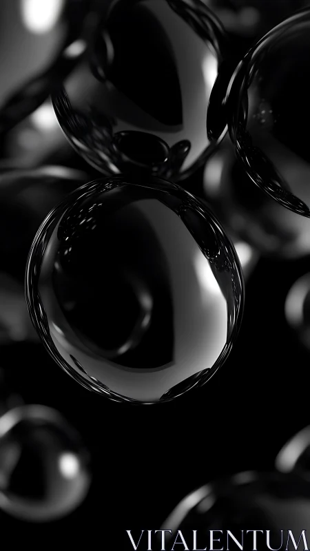 Glossy black spheres float in deep monochrome void