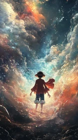 Silhouetted anime wanderer in luminous cosmic ocean vortex