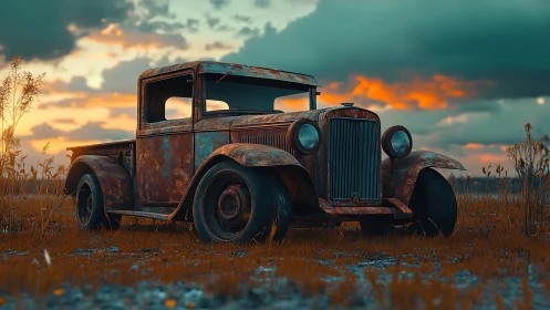 Rusty vintage pickup truck in open field at sunset.