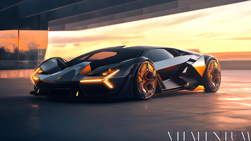 Sleek futuristic supercar glowing warmly at sunset.