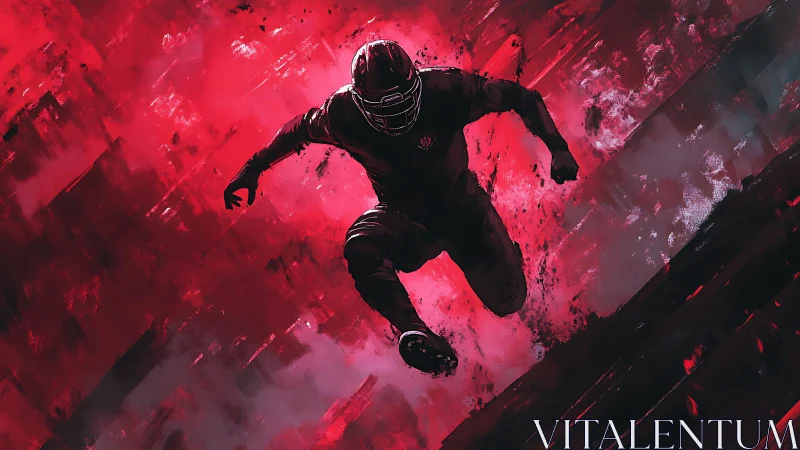 American football player in midair against red abstract field.