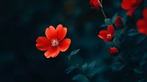 Red Flowers Against Dark Teal Background.