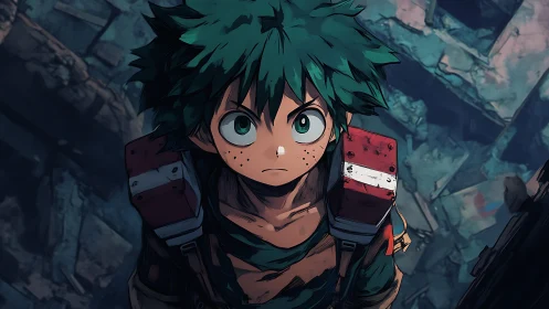 Green haired anime boy standing amid damaged rubble scene.