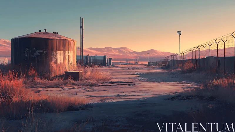 Desert industrial perimeter at dusk with rusted fuel tank.