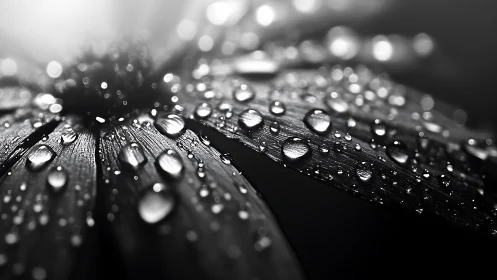 Glistening raindrops on monochrome flower petals at dawn.
