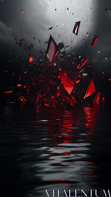 Crimson shards erupt over black water in stormlit darkness.