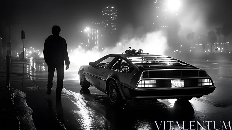 Noir time-machine coupe under volumetric urban backlight.