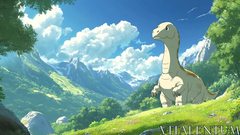 Cartoon sauropod dinosaur in sunlit alpine valley with layered depth