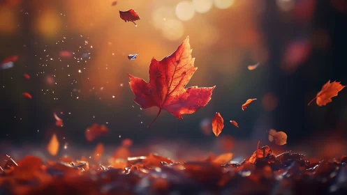 Suspended autumn maple leaf captured in shallow-focus light