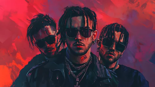 Triadic neon portraits render stylized urban musician persona