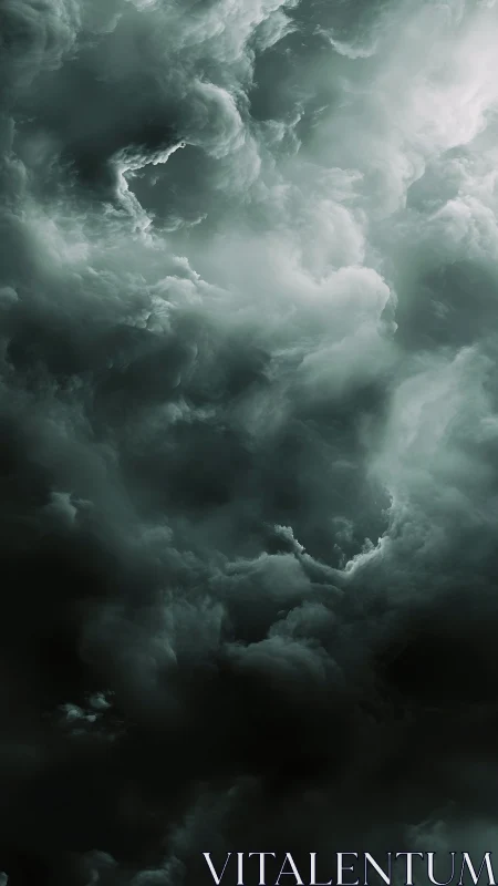 Storm-tossed emerald clouds swirling in a vertical abyss.