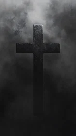 Matte black cruciform silhouette in volumetric grey fog field