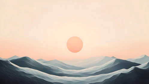 Minimalist sun sets above pastel blue mountain waves.