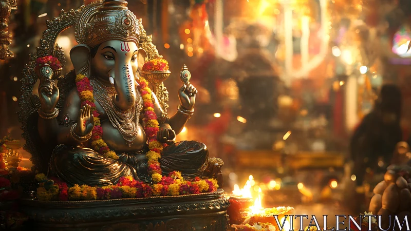 Gentle Ganesha amid garlands, glow, and festival light.