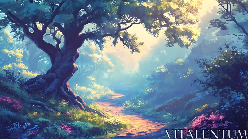 Enchanted Forest Path Where Golden Light Dances.