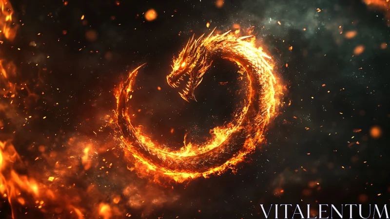 Fiery ouroboros dragon forms a luminous circular inferno emblem