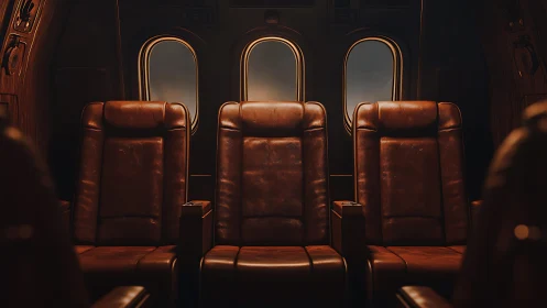 Midnight cabin of leather luxury poised above silent clouds.