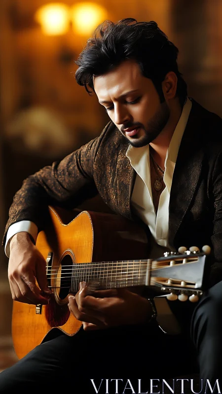 Male guitarist in tailored blazer playing acoustic guitar indoors