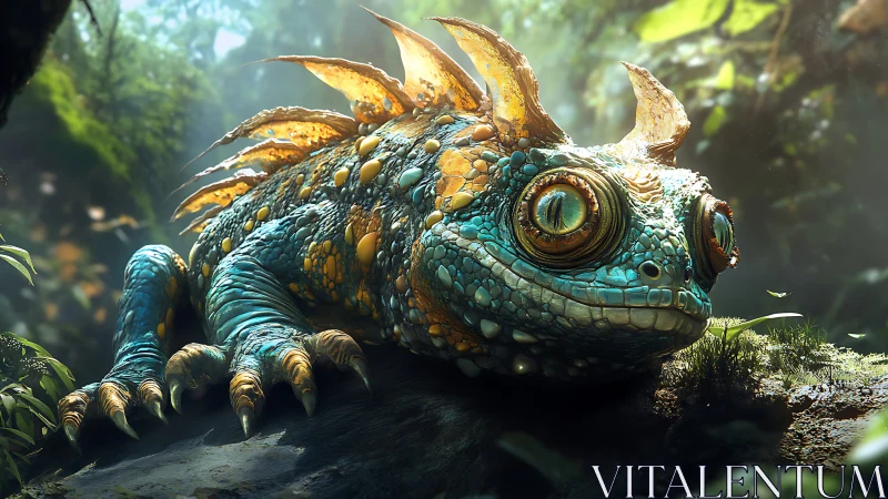 Bioluminescent reptile rendered with high-detail PBR shading in forest