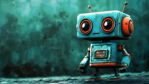 Cute teal robot stands against moody textured teal wall.