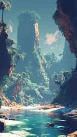 Vertical jungle canyon with turquoise river in atmospheric light