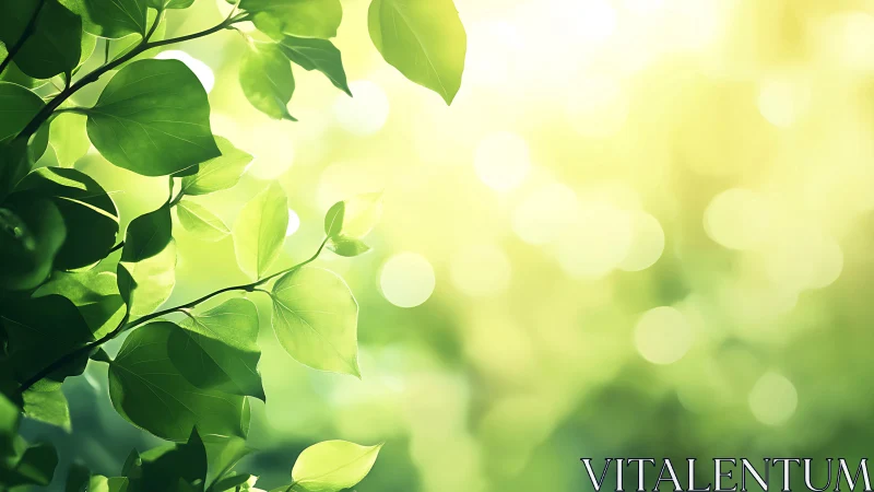 Sunlit Green Leaves Close-Up with Soft Bokeh Background.
