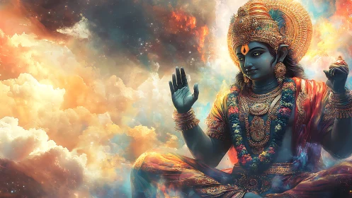 Divine blue deity in luminous celestial cloudscape digital art.
