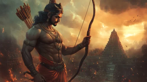 Epic archer deity studies temple under apocalyptic sunset sky