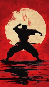 Crimson sun warrior poised in silhouette over painted waves.