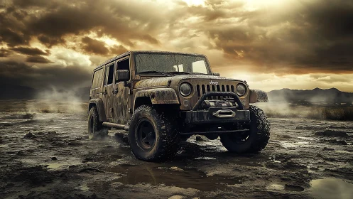 Mud-soaked off-road jeep conquers rugged terrain at dusk