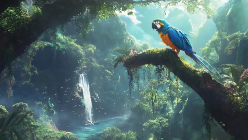 Blue macaw on mossy jungle branch above tall waterfall.