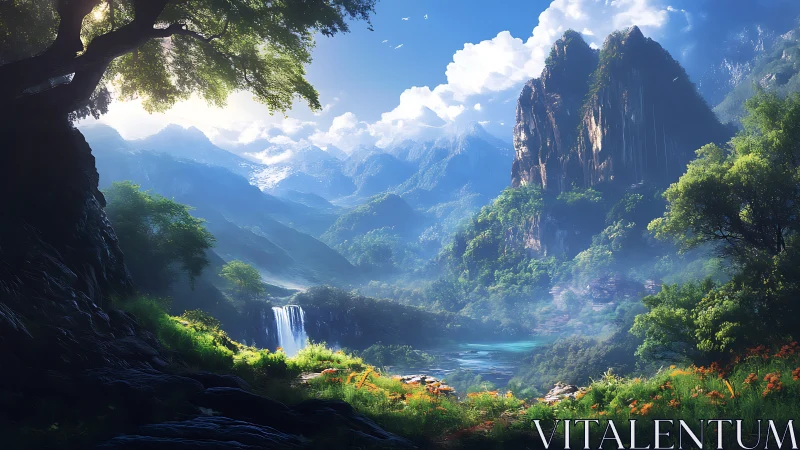 Sunlit valley cradles waterfalls beneath storybook peaks